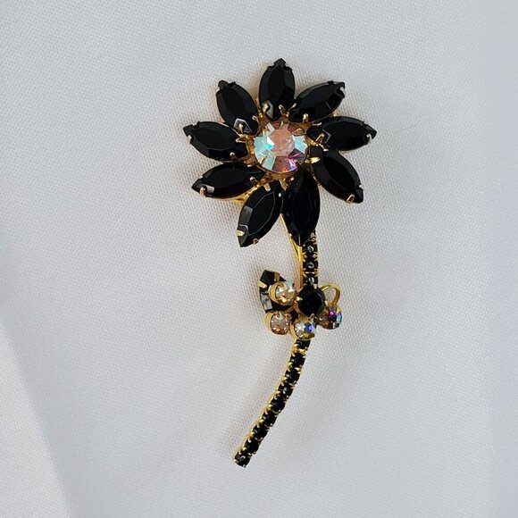 Juliana D&E Brooch Jet Black AB Flower Vintage Delizza Elster Designer Jewelry - Picture 2 of 16